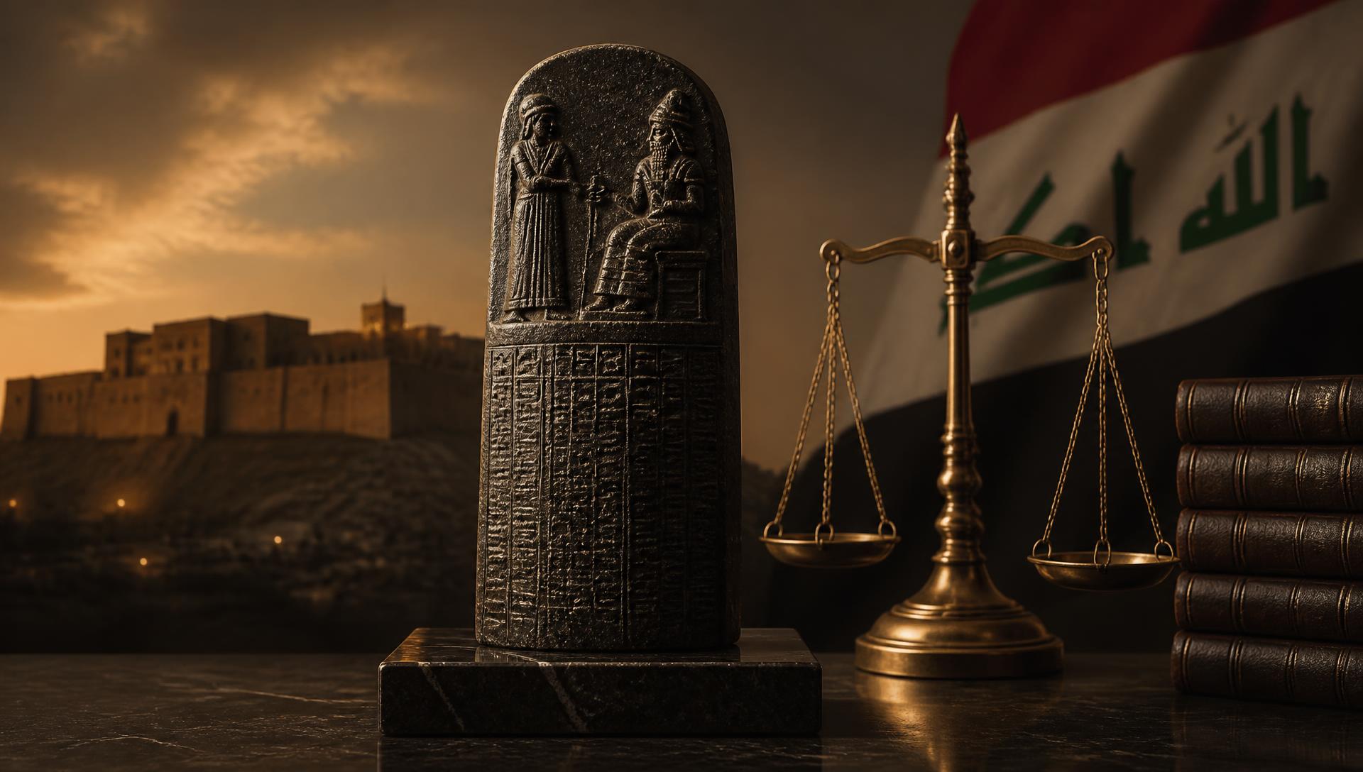 Hammurabi stele, scales of justice and Iraqi law books